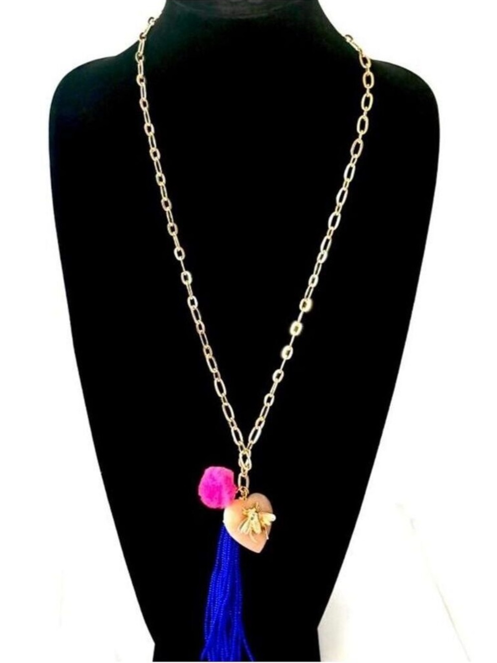 Gold Necklace with Pink Heart, Bee Charm & Blue Tassel | NEW